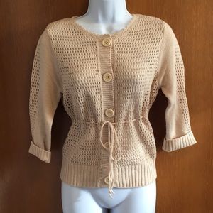 💋Lux Crochet Cream Tan Sweater 3/4 Sleeve Tie L